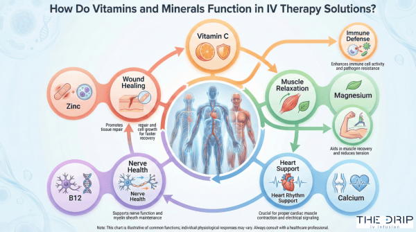 Illustrated chart connecting IV vitamins and minerals to their physiological roles.