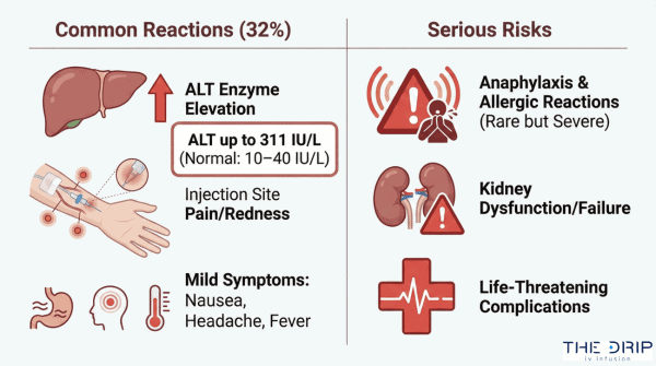 Medical infographic showing common and serious side effects associated with glutathione IV therapy.