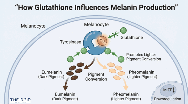 Diagram of glutathione interacting with melanin production pathways inside a skin cell.