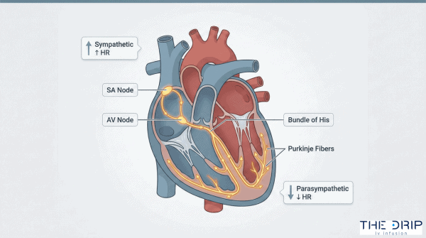 Diagram of the heart showing electrical conduction pathways and autonomic regulation.