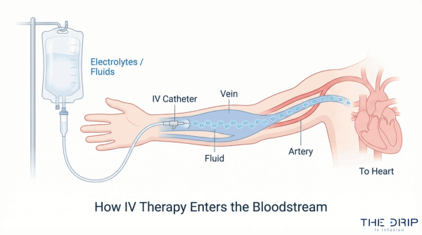 Medical illustration showing IV fluids entering a vein and traveling toward the heart.