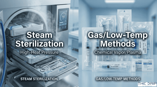 Autoclave sterilizing medical instruments next to packaged sterile IV supplies.