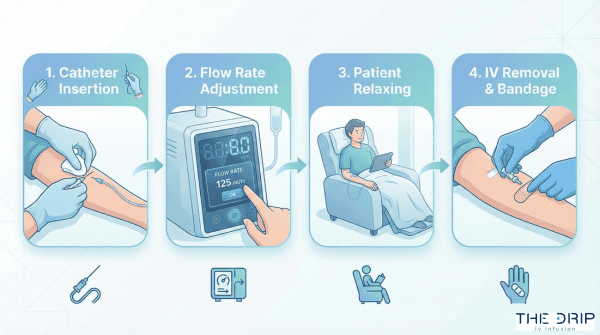 Four-step visual guide showing catheter insertion, infusion monitoring, and completion.