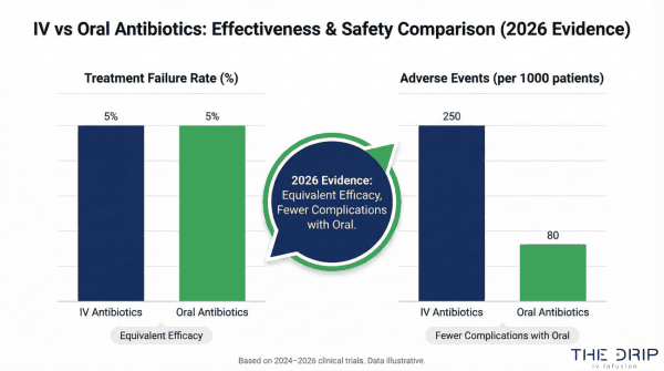 Bar chart comparing treatment failure and adverse event rates for IV and oral antibiotics.