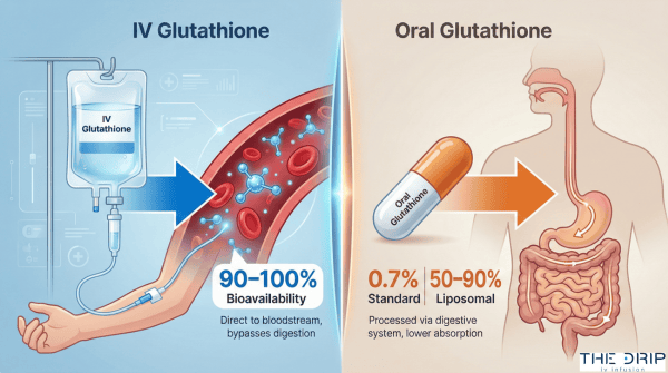 Side-by-side comparison of IV drip and oral capsule showing bioavailability differences.