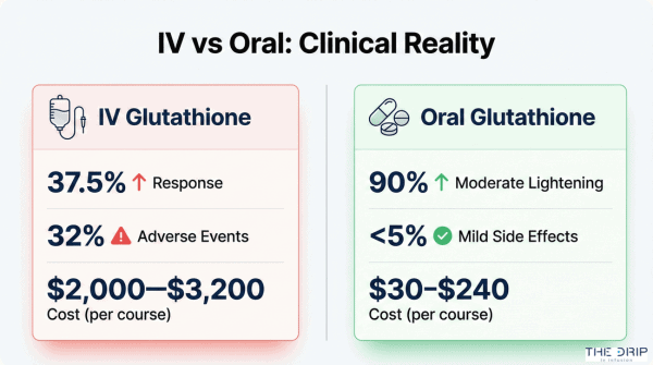 Side-by-side comparison chart of IV and oral glutathione showing differences in cost, safety, and efficacy.