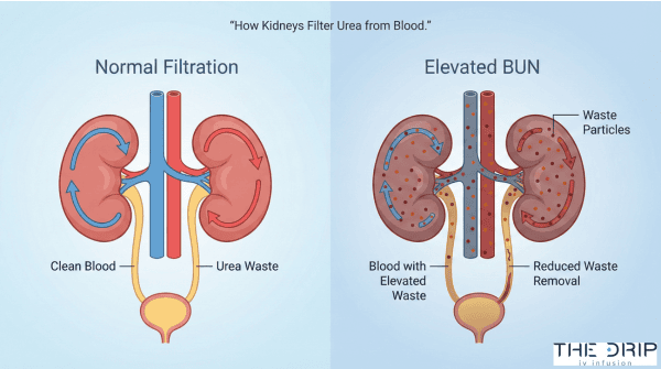 Medical illustration comparing normal kidney filtration with reduced filtration causing elevated BUN.