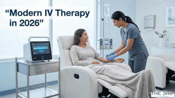 Patient receiving IV therapy in a modern clinic with a smart infusion pump.