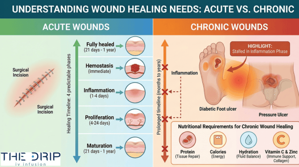 Infographic comparing healing stages of acute wounds and chronic wounds.