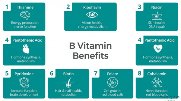 B vitamin benefits chart highlighting thiamine, riboflavin, niacin, biotin, folate, and cobalamin for energy, metabolism, and overall health