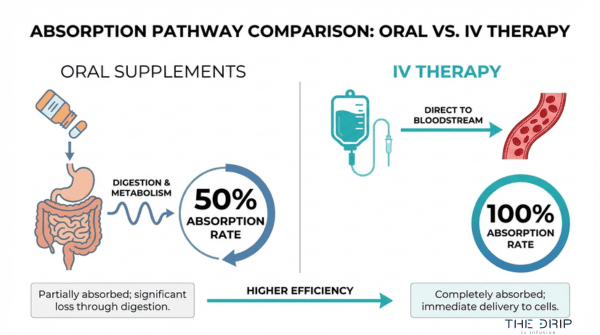 IV therapy vs oral supplements absorption comparison showing 100 percent IV absorption and reduced oral absorption due to digestion process