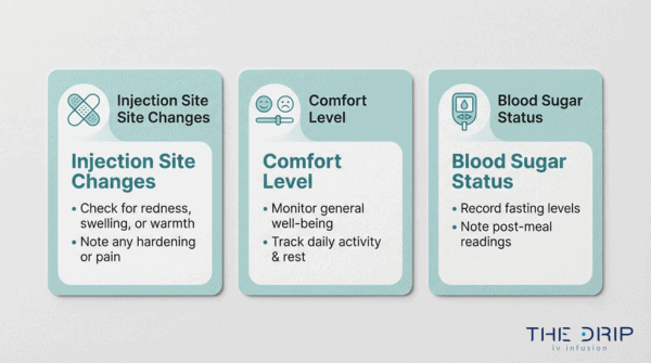 IV therapy aftercare monitoring guide highlighting injection site changes, comfort level tracking, and blood sugar status management
