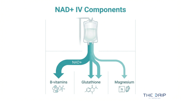 NAD IV therapy components diagram showing NAD+, B vitamins, glutathione, and magnesium used for cellular repair and energy support