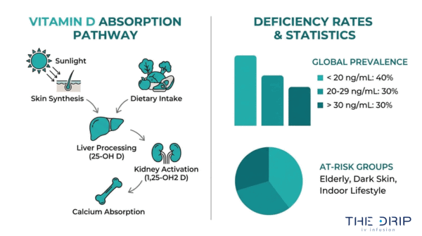 Vitamin D absorption pathway diagram with deficiency statistics, global prevalence, and at-risk groups including elderly and indoor lifestyle
