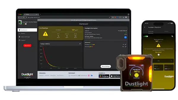 Dustlight Staubmessgerät mit Laptop- und Smartphone-Ansicht der Web- und Mobile-App zur Echtzeit-Feinstaubüberwachung.