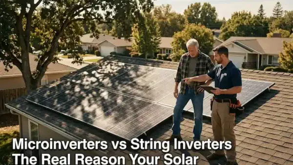 comparing microinverters vs string inverters while inspecting shaded rooftop solar panels
