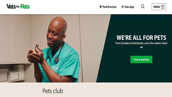Homepage image of the Pet Health website Vets for Pets.
