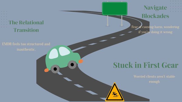 Illustration of a winding road with obstacles representing emotional challenges, including navigate blockades and first gear, symbolizing the journey through therapy and personal growth.