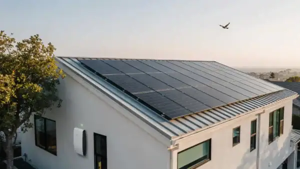 Close-up view of dark black Tesla solar panels mounted on a light gray standing seam metal roof of a modern home, with an integrated Powerwall battery and a tree on the side.
