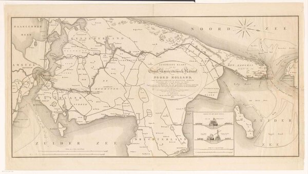 Museumkwaliteit reproductie van de oude kaart Noordhollandsch Kanaal 1825 van Amsterdam naar Den Helder, door Cornelis van Baarsel.