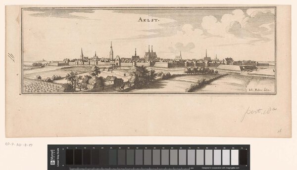 Museumkwaliteit reproductie van de oude kaart Aalst 1654, een gezicht op Aalst vanuit het noordoosten door Caspar Merian.