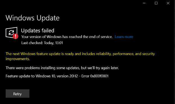 Feature update to Windows 10 version 20H2 Error 0x800f0801