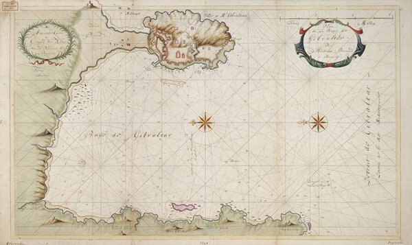 Museumkwaliteit reproductie van de oude kaart Gibraltar 1725 van Gerard van Keulen, een plan van de baai van Gibraltar.