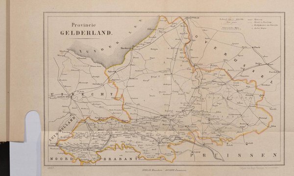 Museumkwaliteit reproductie van de oude kaart Gelderland 1866, de provinciekaart uit de Gemeente-atlas van Jacob Kuyper.
