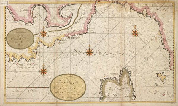 Museumkwaliteit reproductie van de oude zeekaart Provence 1720 van Gerard van Keulen, de kust van Toulon tot Piombino en Noord-Corsica.