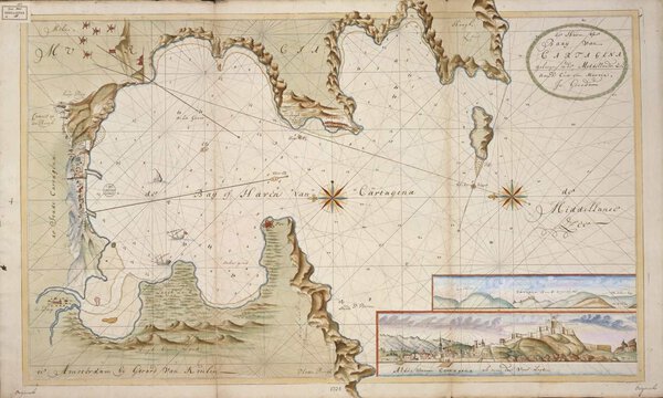 Museumkwaliteit reproductie van de oude zeekaart Cartagena 1725 van Gerard van Keulen, de haven aan de kust van Murcia.