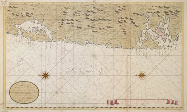 Museumkwaliteit reproductie van de oude zeekaart Chili 1721 met de kust van Chili aan de Zuidzee, door Gerard van Keulen.