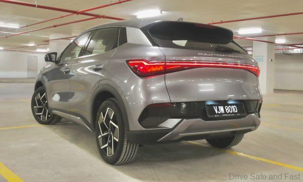 BYD Atto 3 rear three quarters in a car park in Malaysia