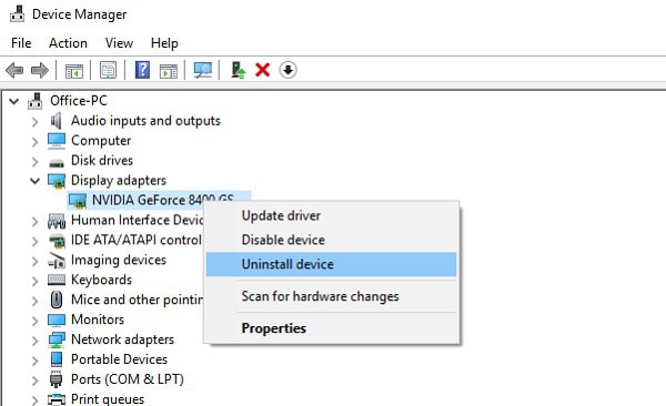 uninstall or update display driver windows 10