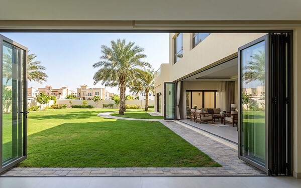 Wide aluminium folding doors on a Khalifa City villa garden