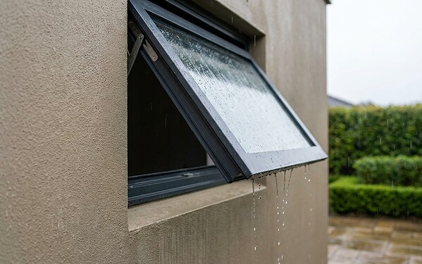 Top-hung aluminium awning window open outward and shedding rainwater off a Dubai villa wall