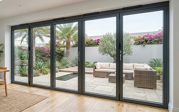Aluminium folding bifold glass doors opening onto a Dubai villa terrace