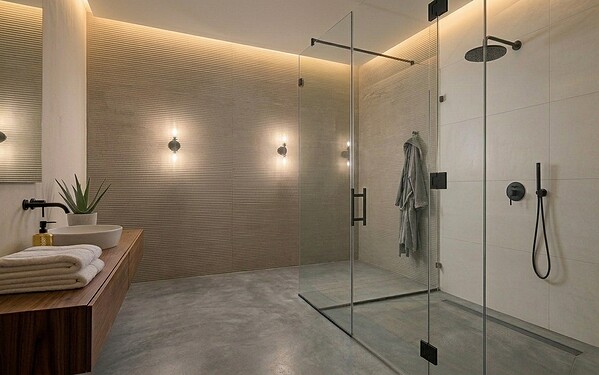 Frameless glass shower enclosure and office glass partition by Solo Dream Dubai