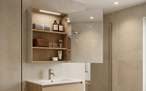 Bathroom mirror cabinet with hinged door open showing concealed shelving and lighting