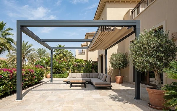Retractable fabric roof aluminium pergola on a terrace