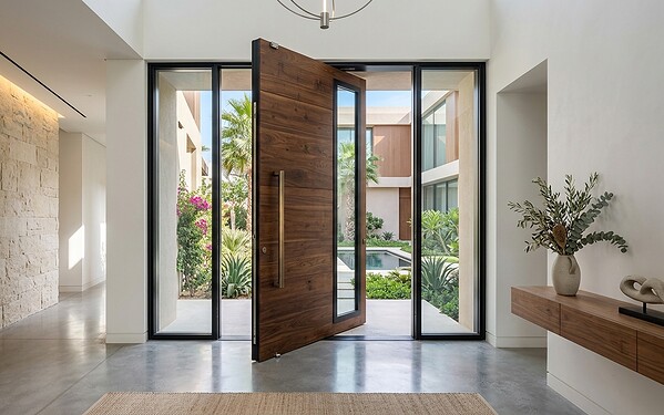 Statement aluminium pivot entrance door fitted to a Dubai property
