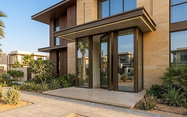 Aluminium pivot glass door at a modern Dubai villa entrance