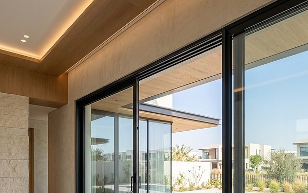 Sliding doors on a seafront tower balcony along the Abu Dhabi Corniche
