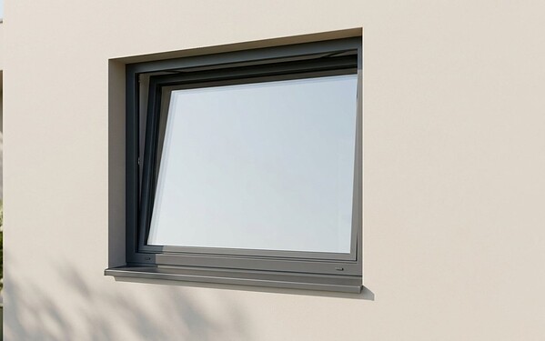 Slim-profile aluminium window with minimal frame sightlines open on a modern villa wall