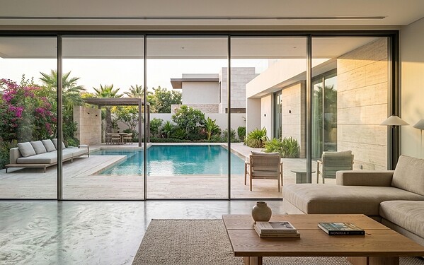 Slim aluminium sliding doors with large glass panels in a Dubai home
