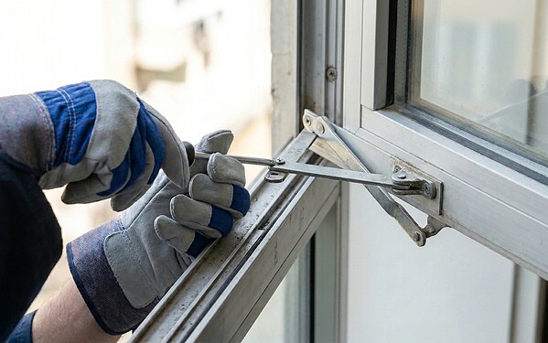 Technician fitting a friction stay hinge to an open aluminium window