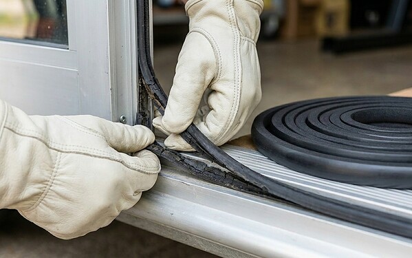 Technician replacing a perished door seal with new black weatherstripping