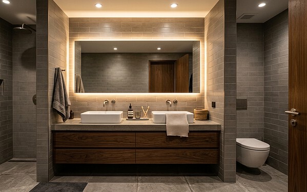LED bathroom mirror and washroom mirror wall fitted in a Dubai home