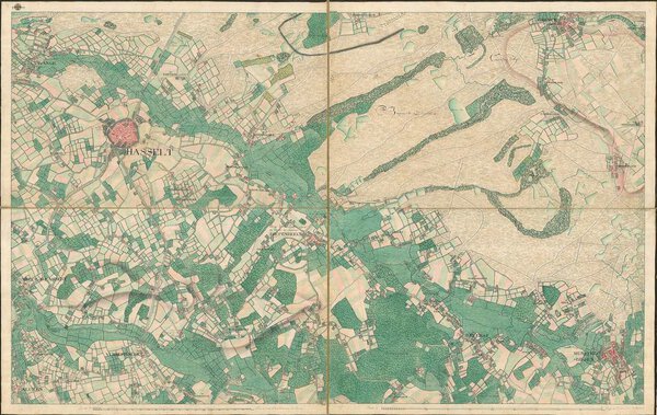 Museumkwaliteit reproductie van de oude kaart Hasselt 1777 in Belgisch Limburg, een blad van de Ferraris-kaart.