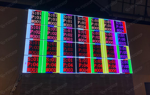 Colorful module test pattern on the outdoor LED display during remote calibration and troubleshooting