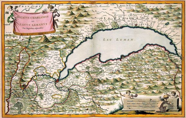 Museumkwaliteit reproductie van de oude kaart Meer van Genève 1682 met het hertogdom Chablais, naar Joan Blaeu.